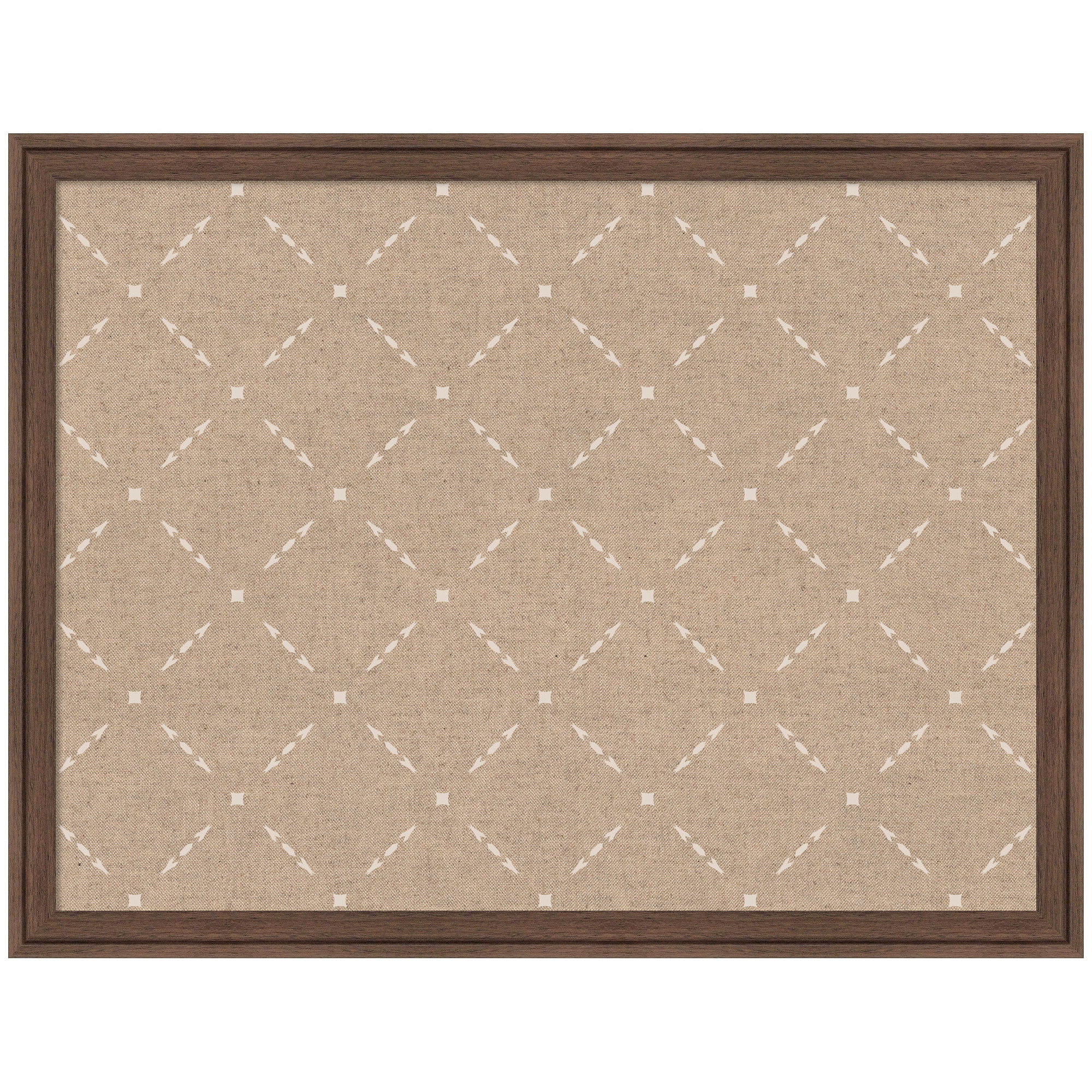 Kate and Laurel Framed Fabric Pinboard 26 x 20, Beige Lattice Pattern Printed Linen Classic Bulletin Board for Use as a Vision Board or Wall Organization, Florence Medium Brown Frame