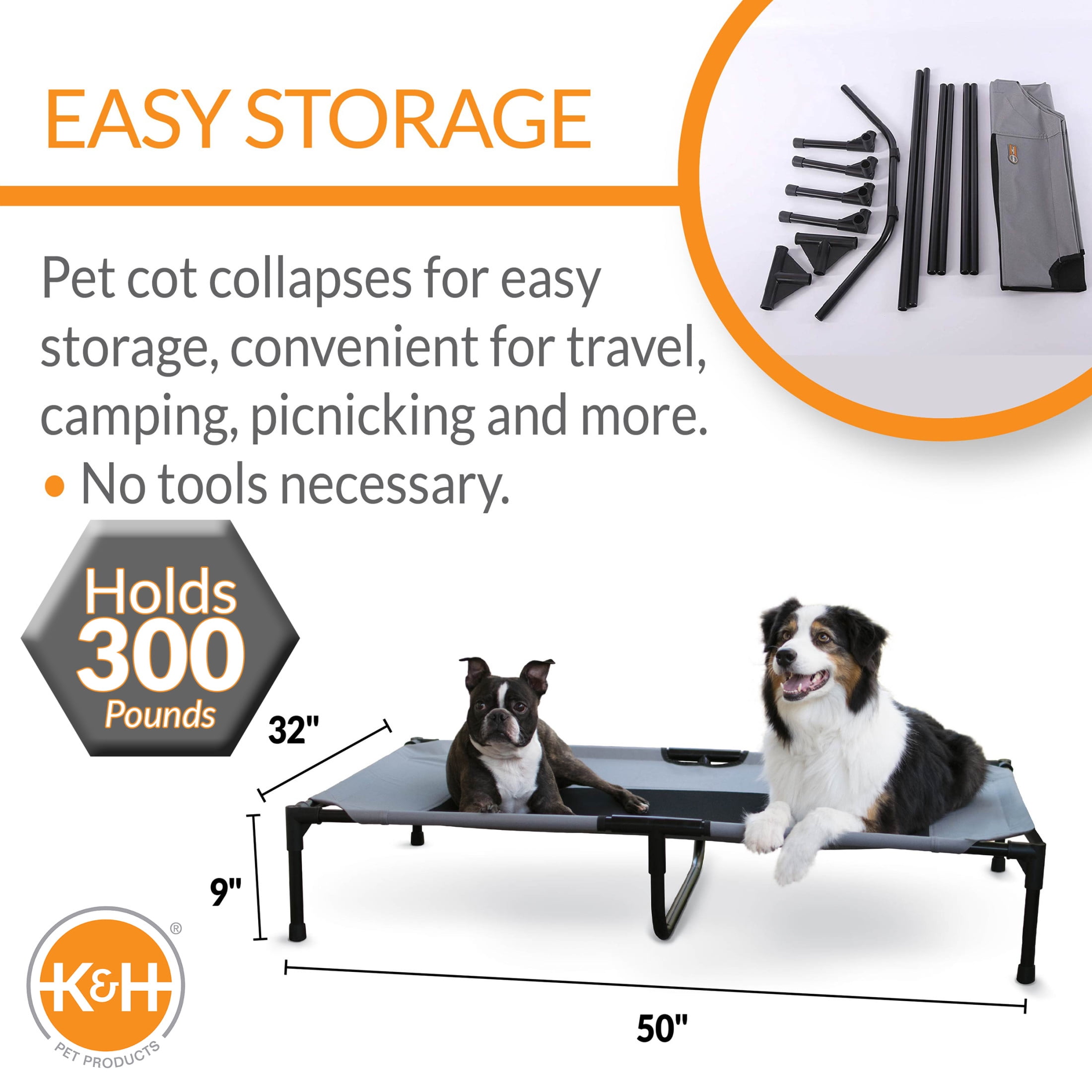 K&H Pet Products Original Pet Cot Elevated Dog Bed Gray/Black Mesh X-Large 50 X 32 X 9 Inches