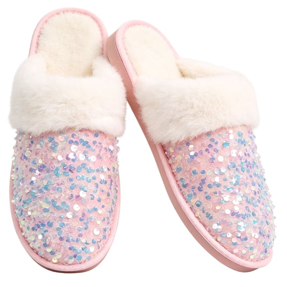 CHICVOMEY Women's House Slippers Fuzzy Sparkly Sequin Slippers Comfort Memory Foam House Slippers Bedroom Shoes for Indoor Outdoor
