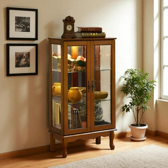 IVV 43.5" H Glass Display Cabinet with Adjustable Glass Shelves, Traditional Lighted China Cabinet with Mirrored Back Panel for Living Room, Light Bulb Not Included (Oak)