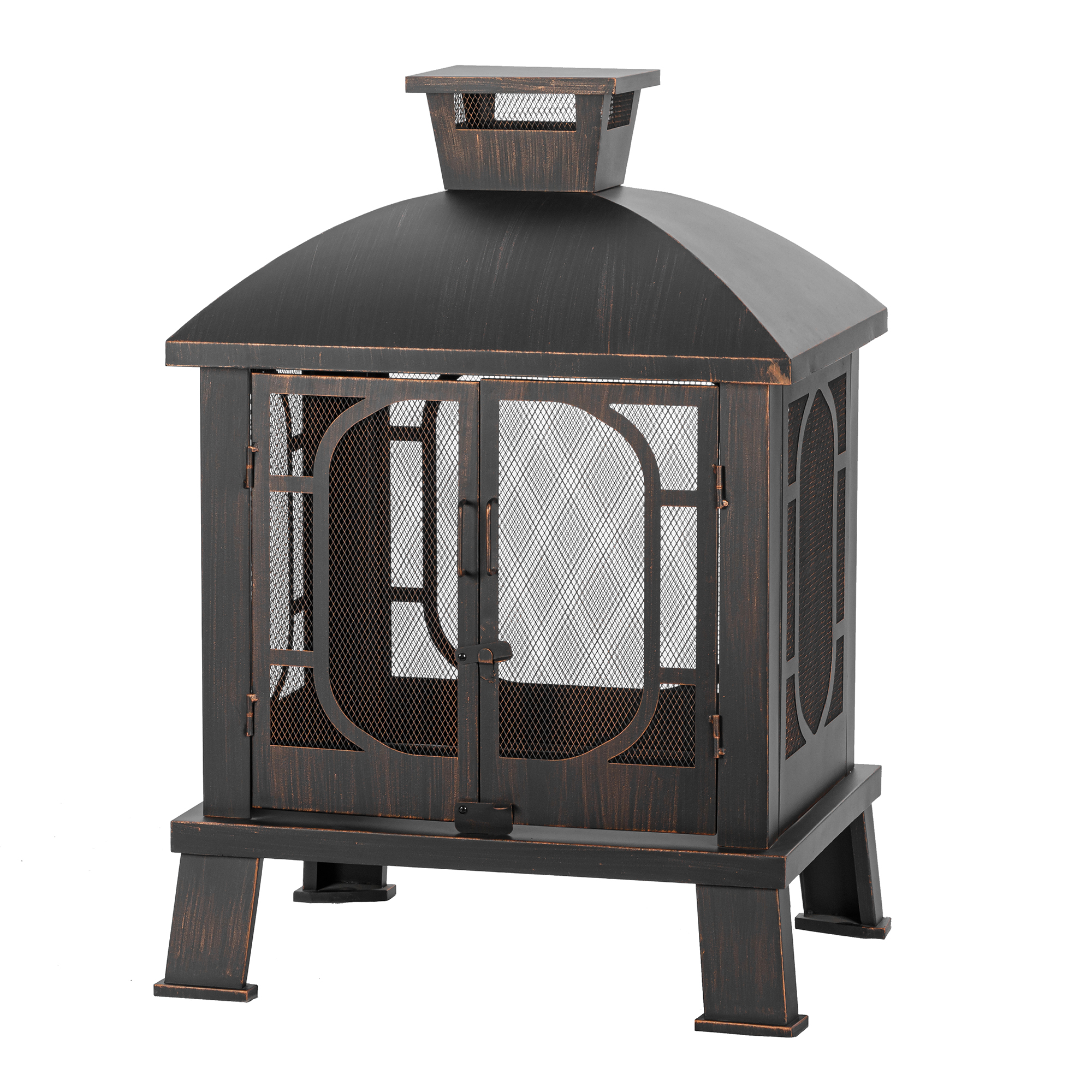 MistMo Metal Fire Pit, Outdoor Wood Bunring Fireplace with Grill for Backyard, Antique Bronze
