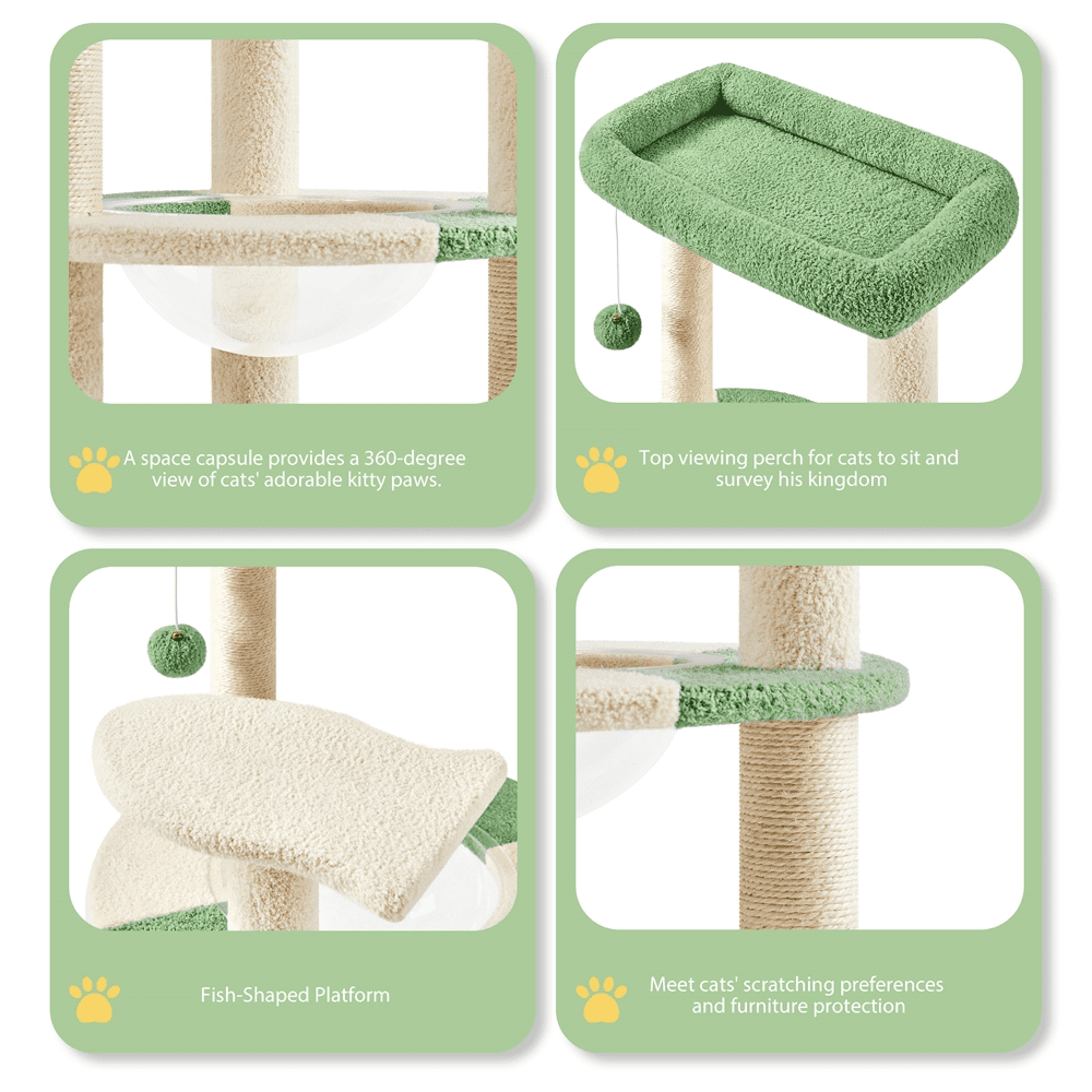 Alden Design 35.5″H Ocean Cat Tree with Padded Perch Natural Sisal for Kittens, Army Green/Beige