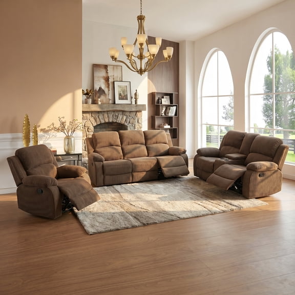 3-Piece Manual Recliner Sofa Set – Corduroy Sectional Couch with Loveseat, Recliner Chair,Brown Sofa with Cup Holders, Storage Console & Drop-Down Table – Plush Living Room Furniture
