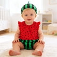 thumbnail image 5 of Bainana Baby Summer Bodysuit With Hat Cartoon Watermelon Print Short Sleeve Crew Neck Romper Cute Lightweight Girls Boys Festival Party Wear Red Size 1-3 Months, 5 of 5