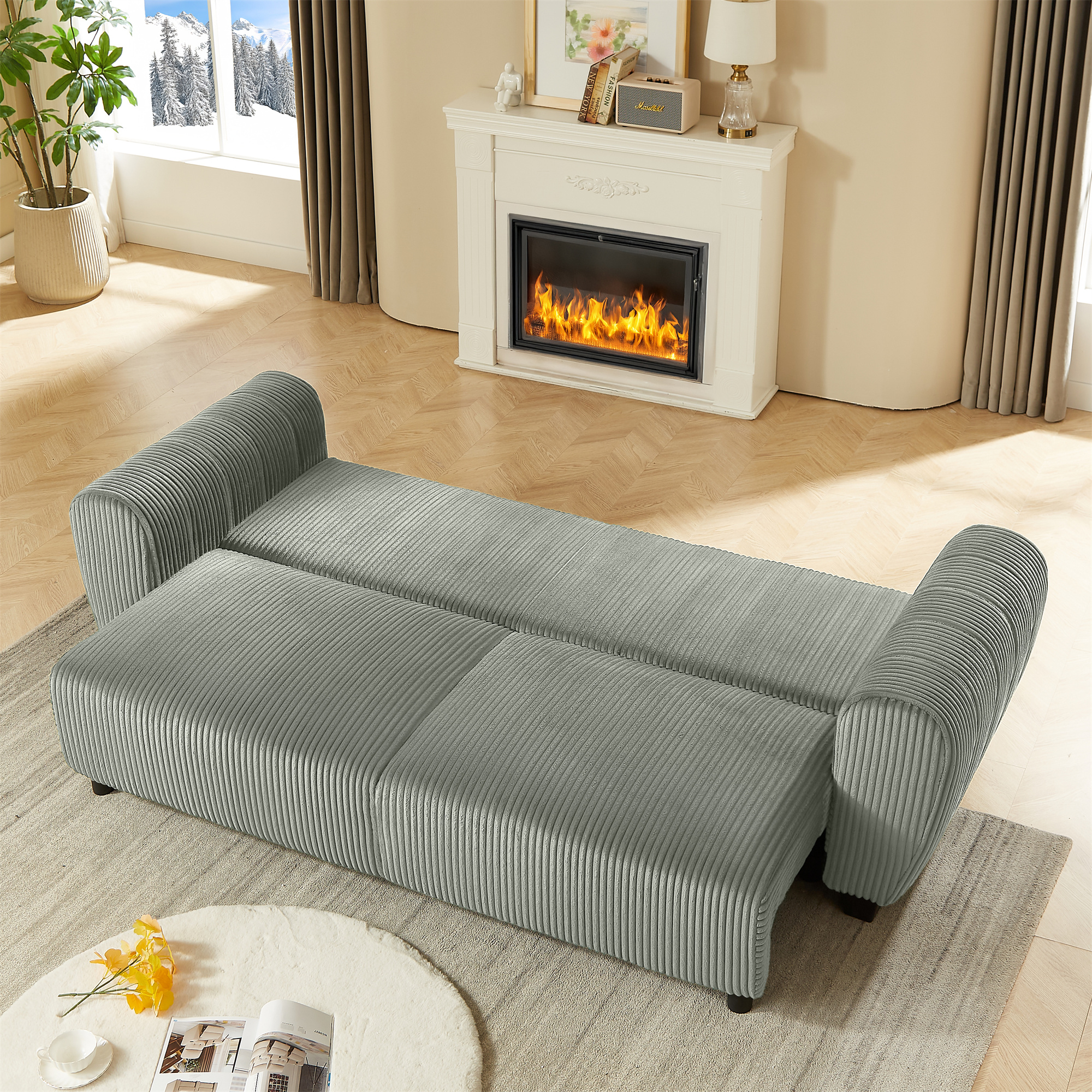 Aukfa 92" Oversized Storage Futon Convertible Sleeper Sofa, Corduroy, 2 Pillows, Light Gray