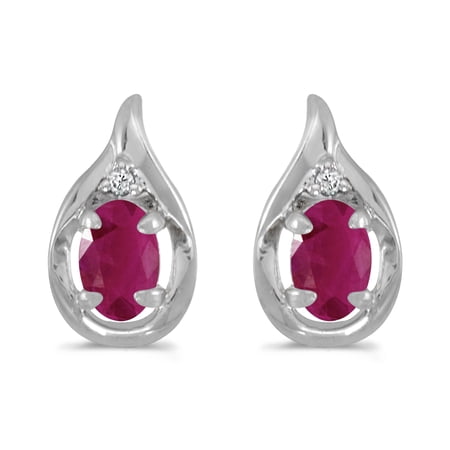 10k White Gold Oval Ruby And Diamond Earrings