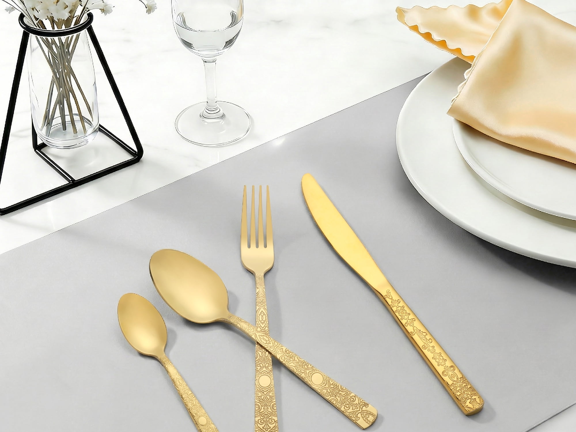 Unique Bargains Stainless Steel Floral Flatware Set for Various Occasions Gold 4pcs
