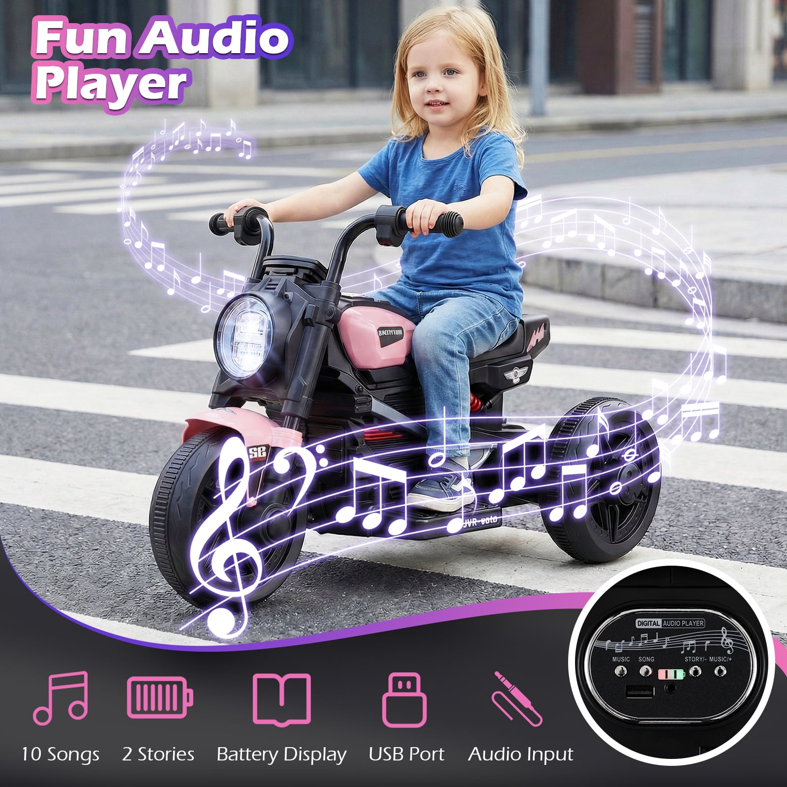 Gymax 6V Kids Motorcycle w/Song Story LED Headlights Accelerator Pedal & 3 Wheels Pink