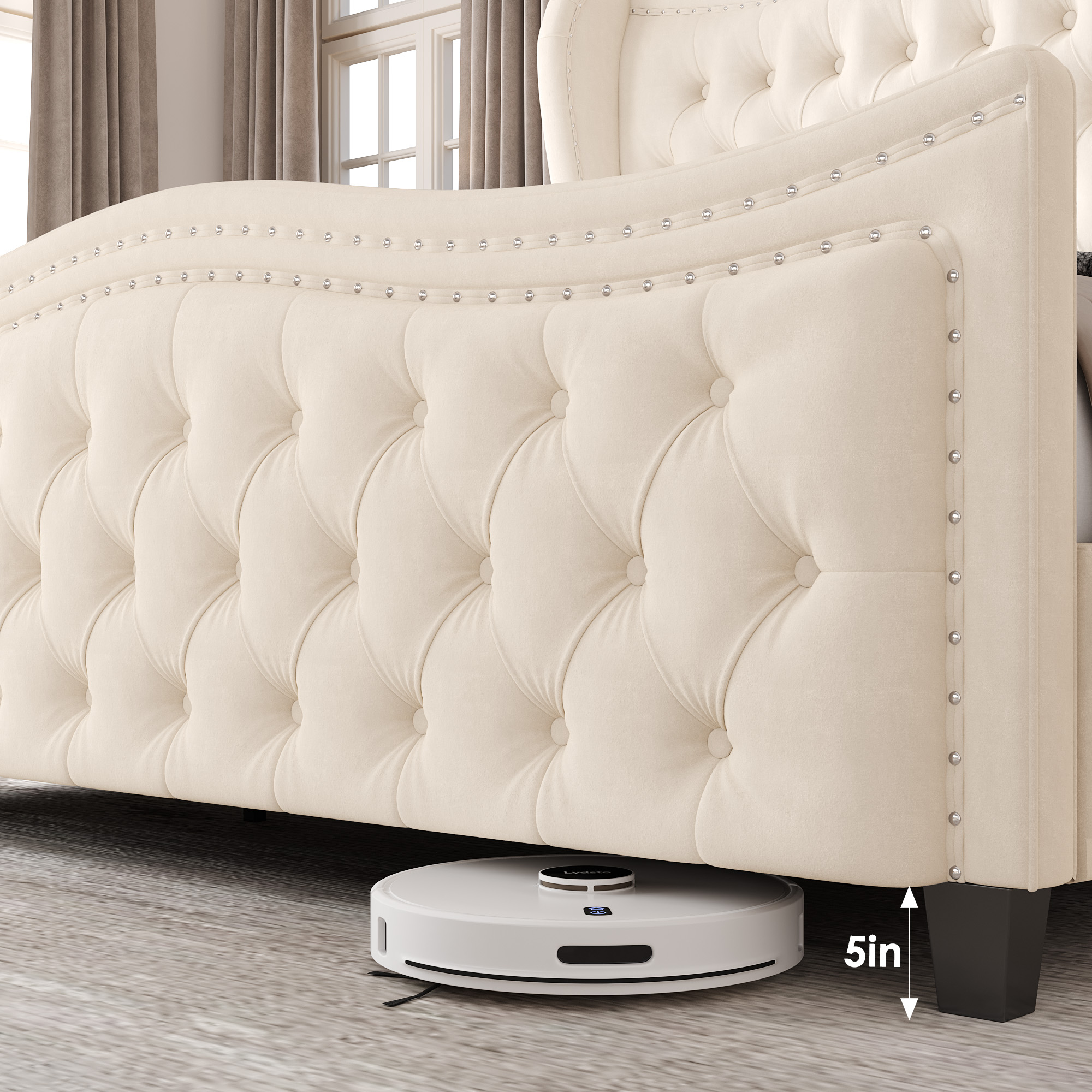 Homfa Queen Size Bed Frame, Modern Velvet Tufted Wingback Bed, Platform Bed with 55"H Upholstered Headboard, Off-White