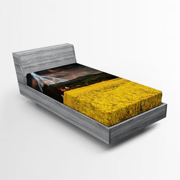 Ambesonne Nature Fitted Sheet, Thunderstorm over Meadow, Twin Size, Yellow Green Purple
