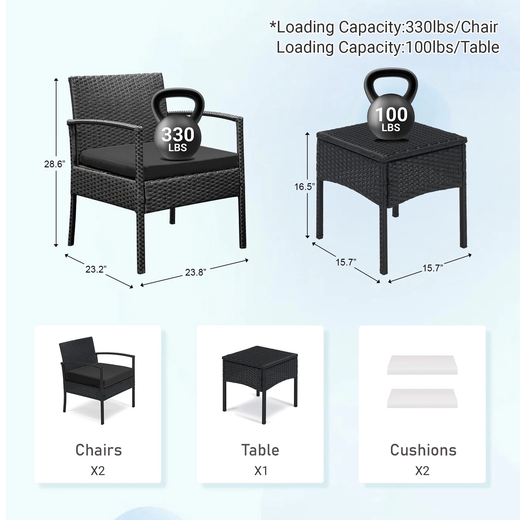 Tappio Outdoor Furniture 3 Piece Patio Bistro Furniture Set, Rattan Conversation Chairs Set with Side Table and Cushions, Patio Furniture Sets for Balcony Garden Porch, Black