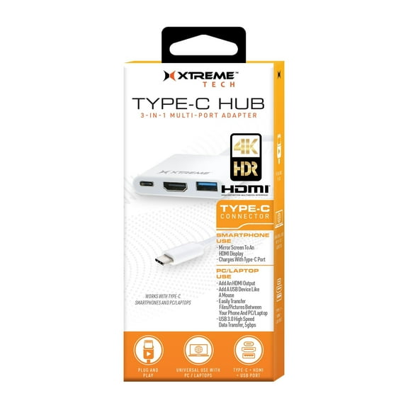 Xtreme 3-in-1 Type-C Hub Multi-Port Adapter, Smartphone, USB, HDMI, White Hub Adapter