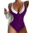 thumbnail image 2 of One Piece Swimsuit Women Color Block Swimwear with Deep V Neck High Waist Summer Beach Pool Womens Swimsuits Purple XXL, 2 of 4