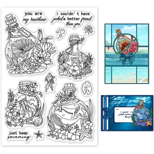 Sello transparente de botella a la deriva, sello de silicona con forma de flor, tarjetas con sellos de estrella de mar, sellos de goma con forma de pez, sellos transparentes