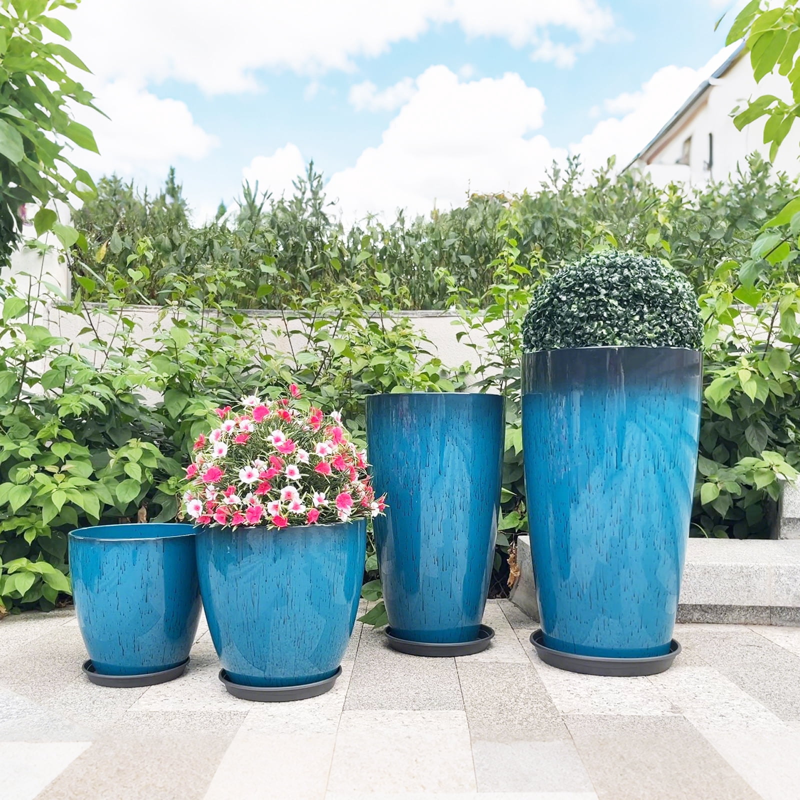 FIASON 4 Pack Large Plastic 24/21/12/10" H Blue Tall Planters, Tall Plant Pots for Outdoor Indoor with Shelf Inset, Glossy Flower Pot with Drainage Holes & Mesh Filter Screen for Front Porch Patio
