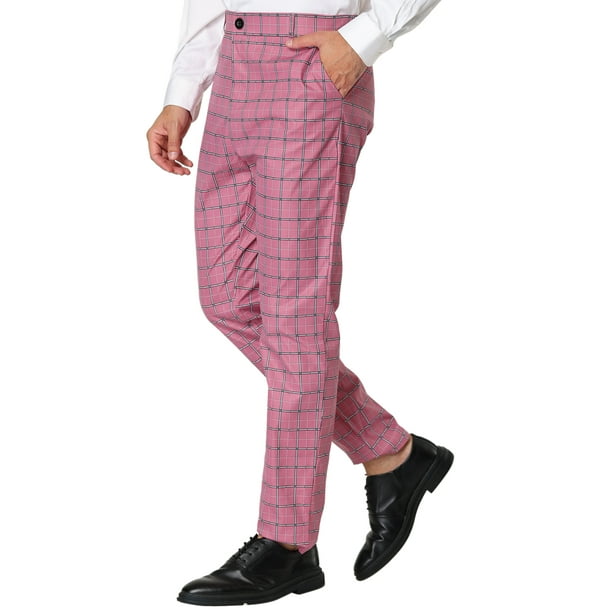 Pantalones a cuadros de negocios para hombre Pantalones de vestir a cuadros ajustados casuales Rosa L