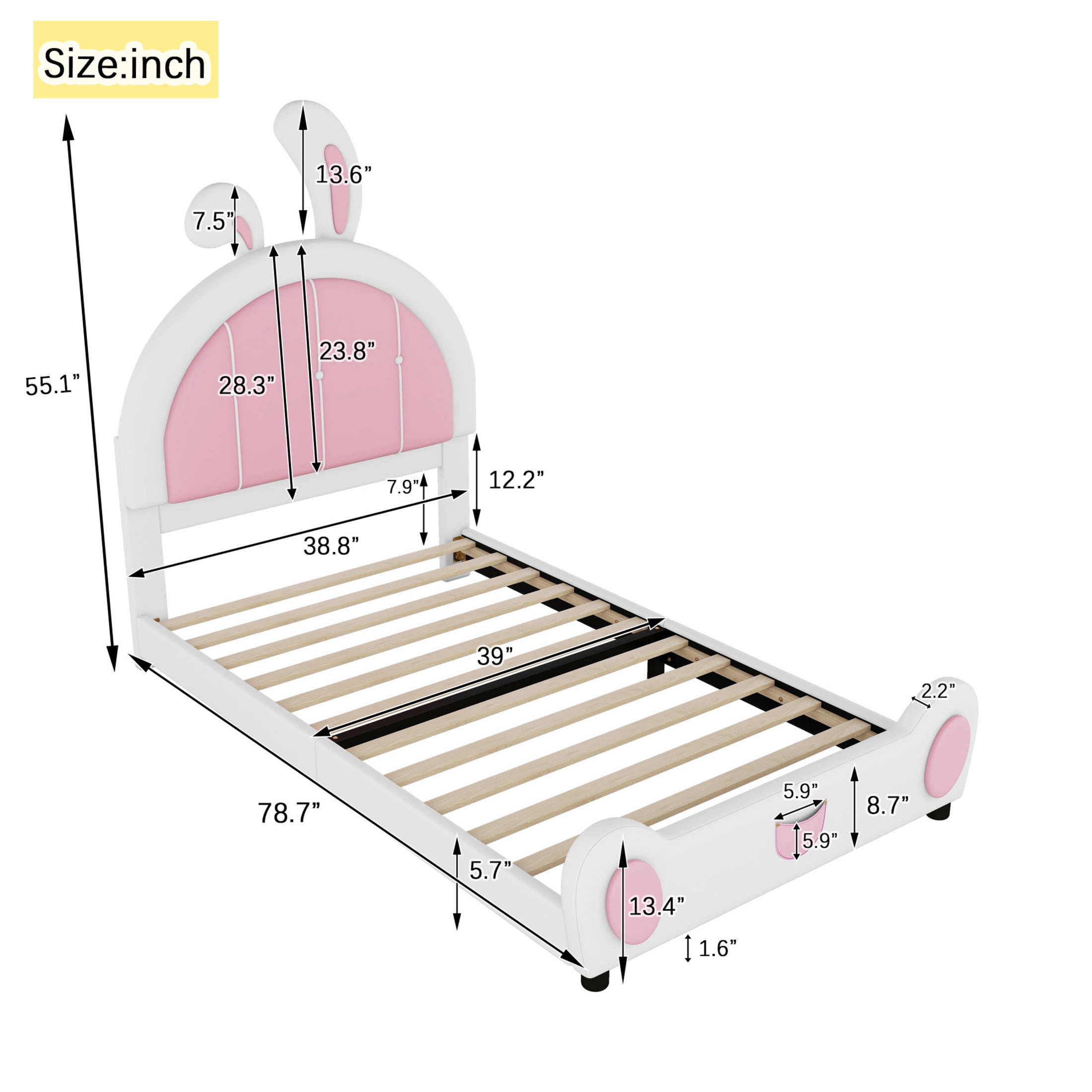 Noble House Collis Twin Upholstered Platform Bed, Rabbit Shaped Bunny Ear Headboard, PU Leather, White and Pink