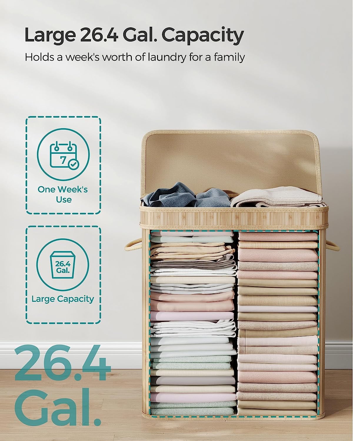 100L Laundry Hamper with Lid Bamboo Laundry Basket with Liner Bag Foldable Storage Hamper with Handles Natural