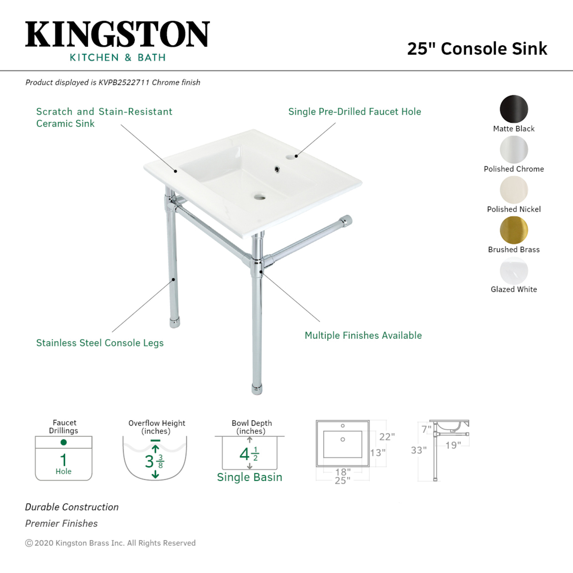 Kingston Brass KVPB2522717 Dreyfuss 25" Ceramic Console Sink with Stainless Steel Legs (1-Hole), White/Brushed Brass