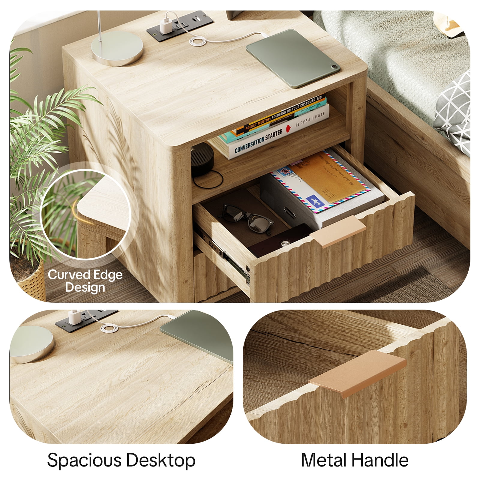 18" Wide Fluted Nightstand Set of 2 with Charging Station Modern Wood Bedside Table with 2 Drawers and Open Shelf, Mid Century End Table for Bedroom Living Room Office, Oak