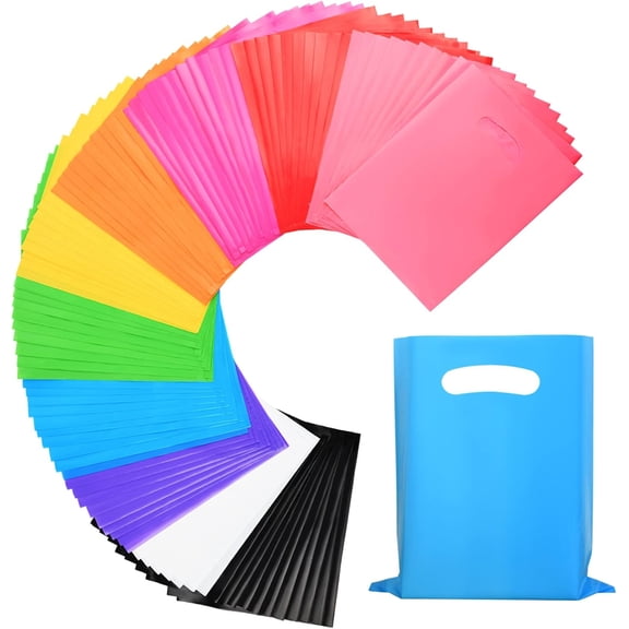 100 Pcs Small Plastic Gift Bags, 6"x8" Party Bags for Kids Birthday, Small Plastic Bags with Handles, Party Favor Bags for Easter, Christmas, Valentine's, Craft Show, Wedding, 10 Color