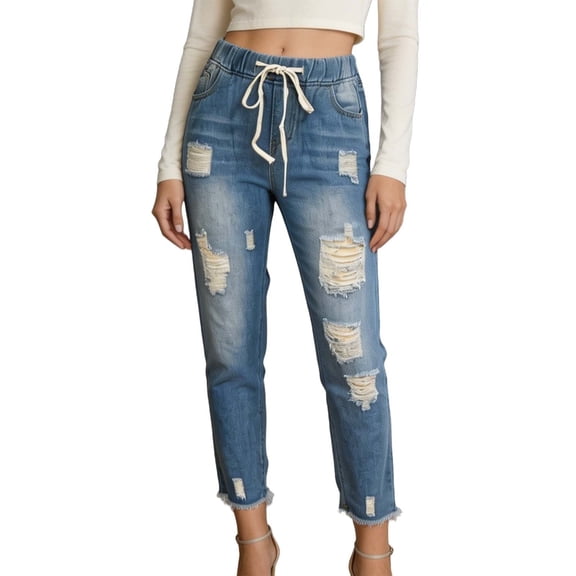 TFEOQRY Womens Ripped Distressed Denim Pants with Pockets Elastic Waist Drawstring Jogger Jeans for Daily Street Wear