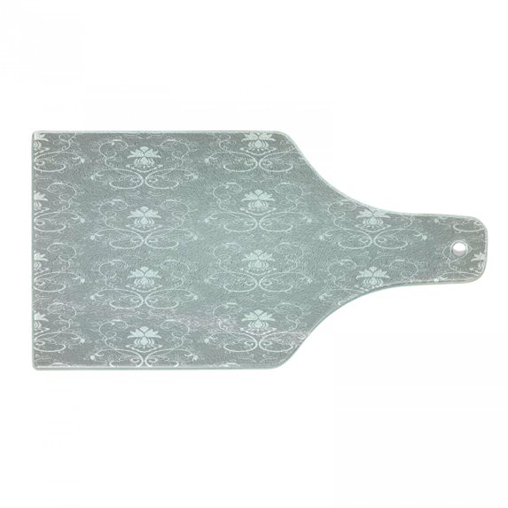 Damask Cutting Board, Damask Style Antique Floral Motifs Pattern Royal Victorian Design Vintage Leaves, Tempered Glass Cutting and Serving Board, Wine Bottle Shape, Grey and White, by Ambesonne