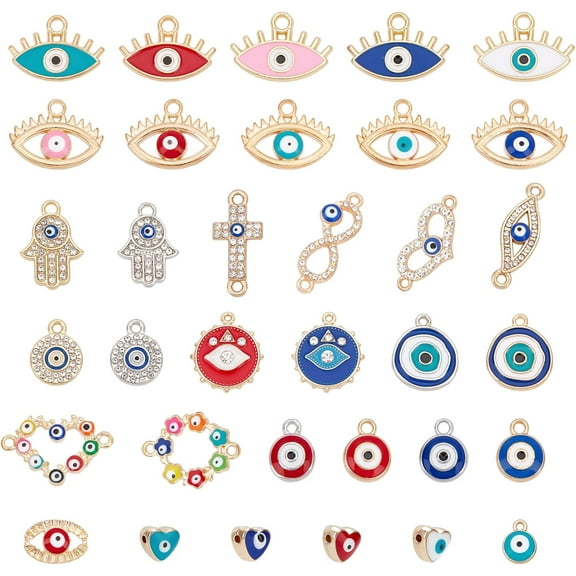 30 Pcs 12 Styles Evil Eye Connector Charm Pendant Rhinestones Enamel Eye Pendants Diamond Demon Charm Connectors with 4 Styles Alloy Links for Craft DIY Necklace Bracelet Earrings Making