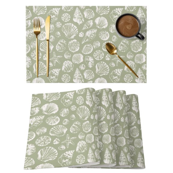 Summer Sage Green Ocean Placemats Set of 6, Nautical Coastal Beach Shell Starfish Conch Non-Slip Place Mats Washable Table Mats for Kitchen Dining Table Decorations Indoor/Outdoor