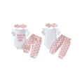 thumbnail image 2 of Loicainy Baby Toddler Girls Summer Outfits 3 6 12 18 Months Short Sleeve O Neck Letter Embroidery Romper Bow Print Pants Headband Clothes Set, 2 of 9