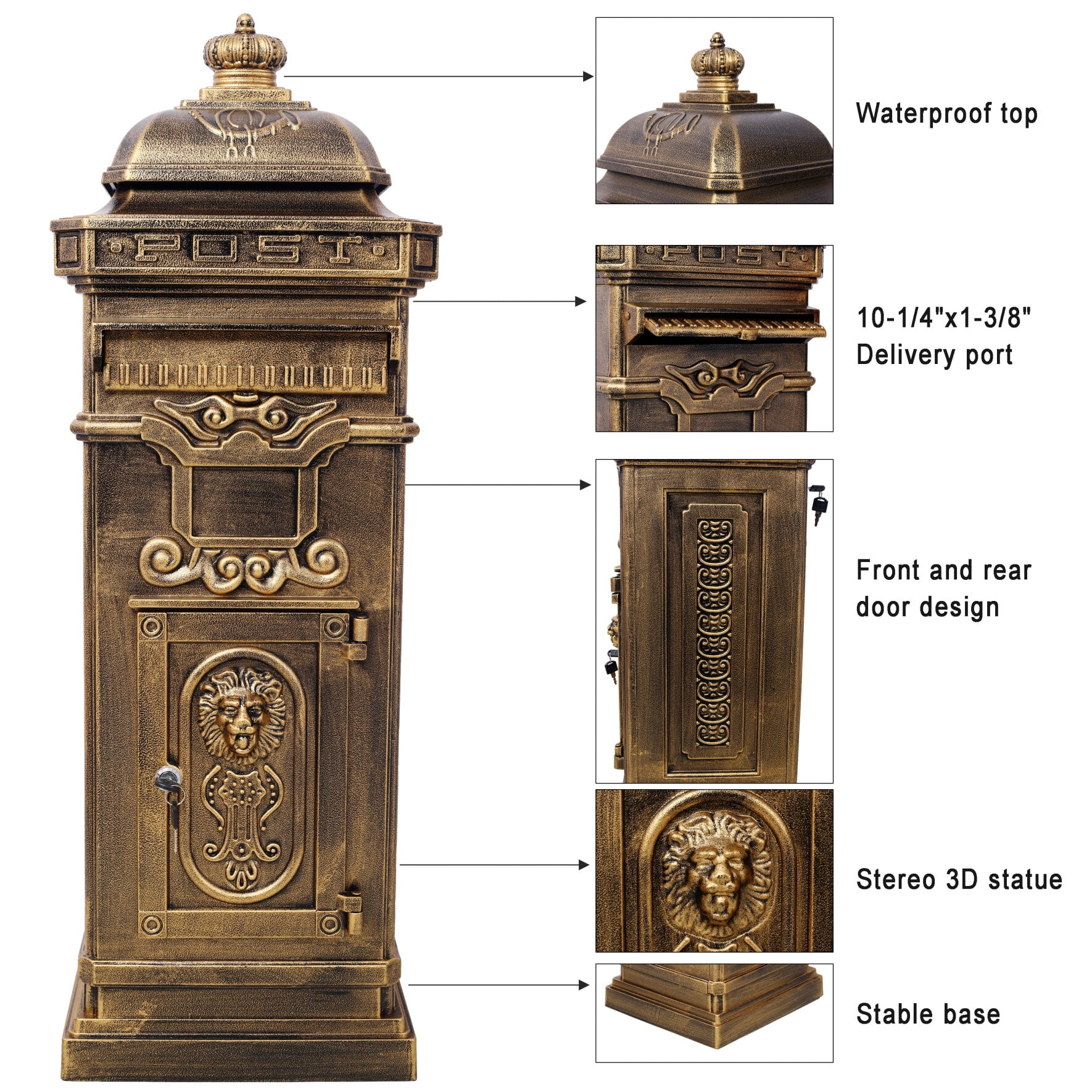 Large Capacity Outdoor Mailbox, Rainproof Floorstanding Letter Box Statue for Garden, Residential Use, Copper