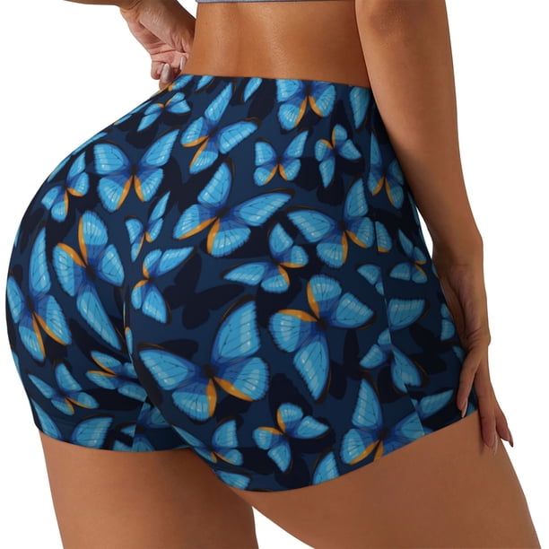 Fotbe Blue Butterfly Shorts Sin Costuras – Shorts Deportivos de Cintura Alta para Mujer, Elásticos para Gimnasio, Yoga, Running o Ciclismo-Medium