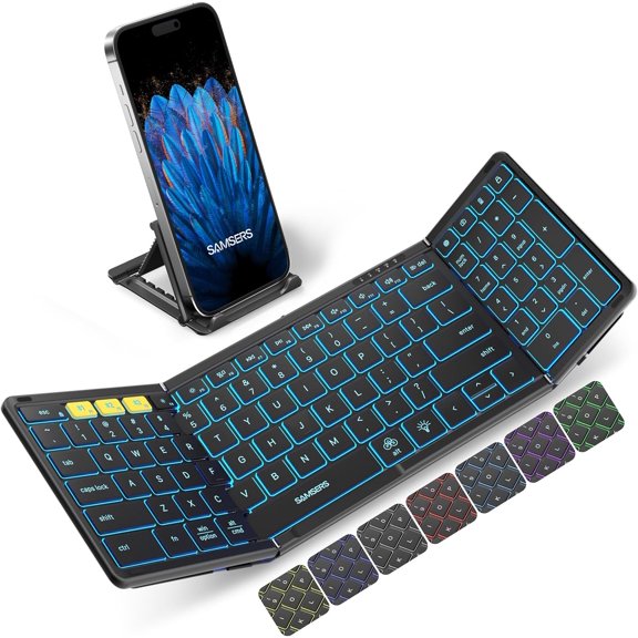 Foldable Bluetooth Keyboard with Numeric Keypad, Full-Size Wireless Folding Keyboards with Backlight, Portable Travel for iOS Android Windows Mac OS, Support 3 Device(BT5.1 x 3), Black