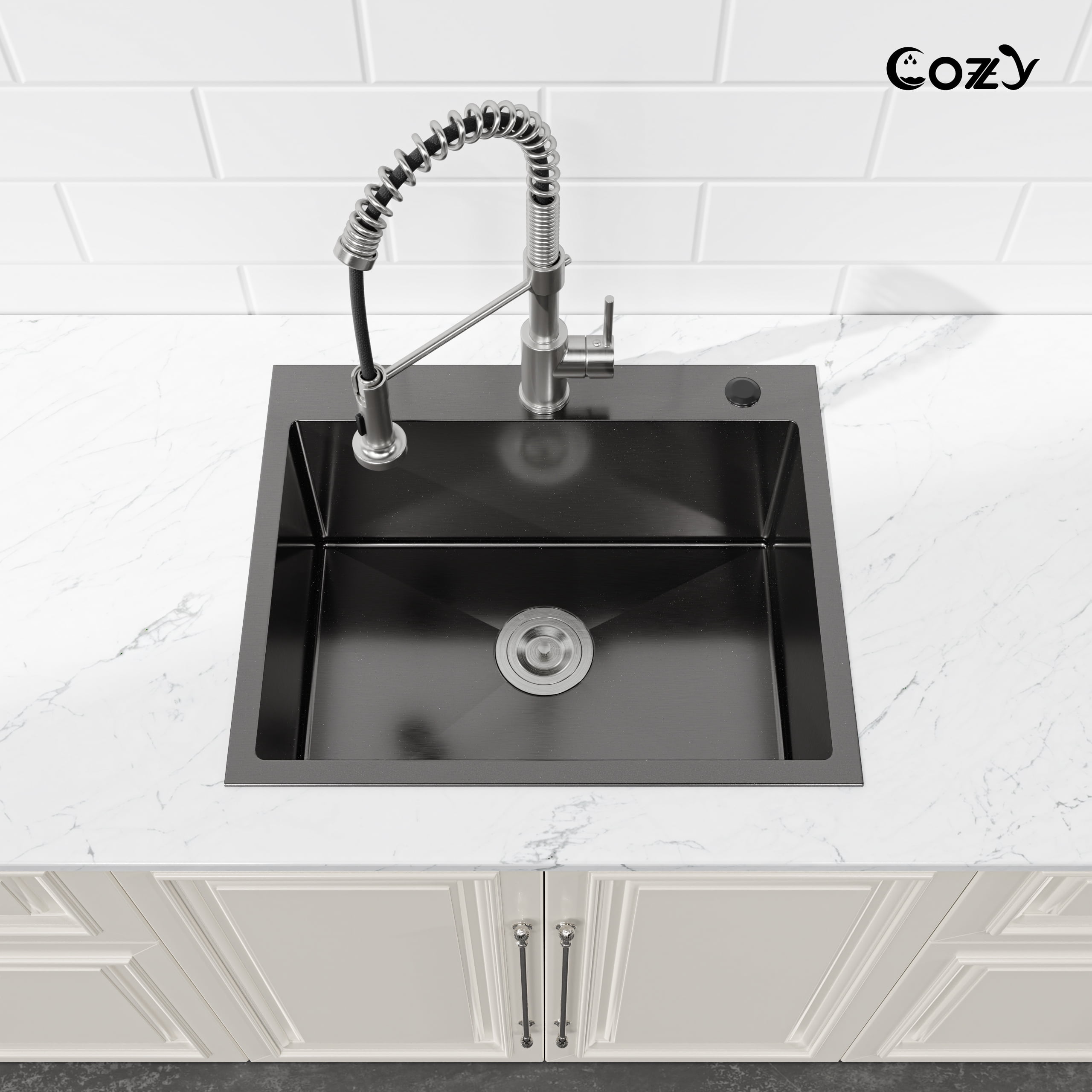 23″x19″ Stainless Steel Kitchen Sink, Single Bowl, Overmount Handmade Sink in Black, with US Standard Drain and Hook, SS-BL02D-231908-2
