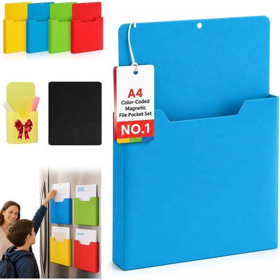 Magnetic File Holder for Fridge 1.18in Deep Blue Strong Full-Back Magnet, No-Sliding Design, Fits A4 Documents, Hanging Holes, Blue Pocket Set.
