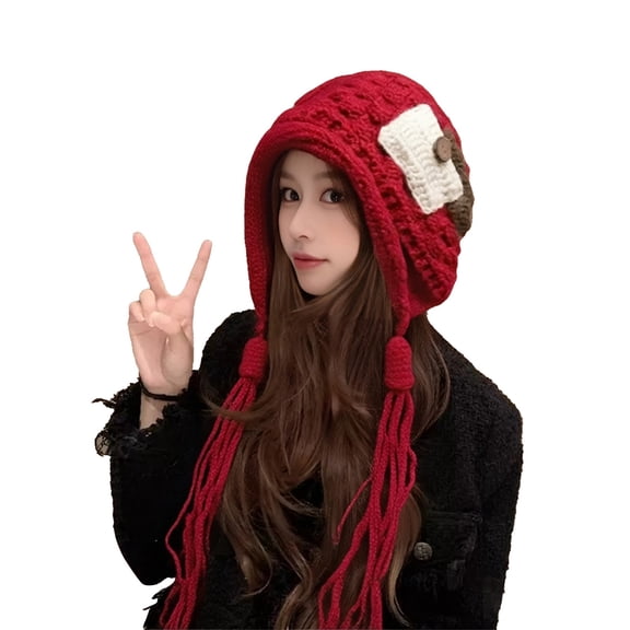 DJN Winter Knit Beanie Hat for Women Plush Fisherman Style Cold Weather Cap Soft Warm Pullover Headwear Red One Size