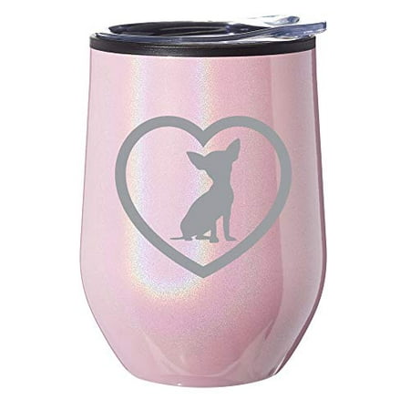 

Stemless Wine Tumbler Coffee Travel Mug Glass With Lid Chihuahua Heart (Pink Iridescent Glitter)