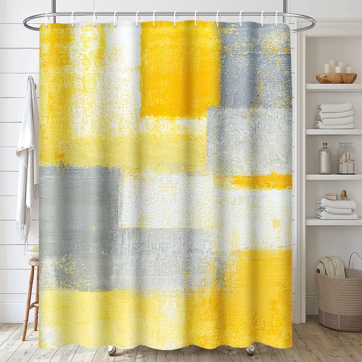 4 Pcs Shower Curtain Set Yellow Grey Abstract Painting Gray Vintage Retro with Non-Slip Rugs Toilet Lid Cover and Bath Mat Bathroom Decor Set