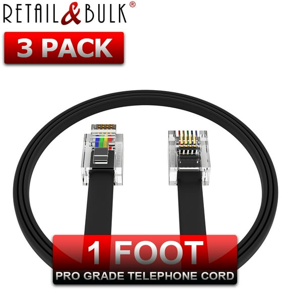 RetailAndBulk (3-Pack) 1 Foot Telephone Cable, RJ11 Phone Line Cord, Made in USA (12 inch, Black)