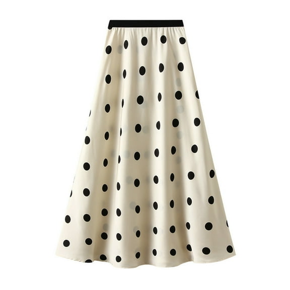 Cavosen Womens Skirts Maxi Satin Elastic Waist Polka Dots Print A-Line Skirts Casual Skirts Mermaid Flared Lightweight Retro Vintage Flowy Trendy Ankle Length Skirts Long Skirts Beige