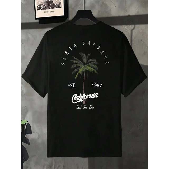 Men's Regular Fit Palm Tree & California Print Round Neck Tee, Casual Short Sleeve Crew Neck T-Shirt for Summer, Fashion Men's Top for Daily Wear, Tropical