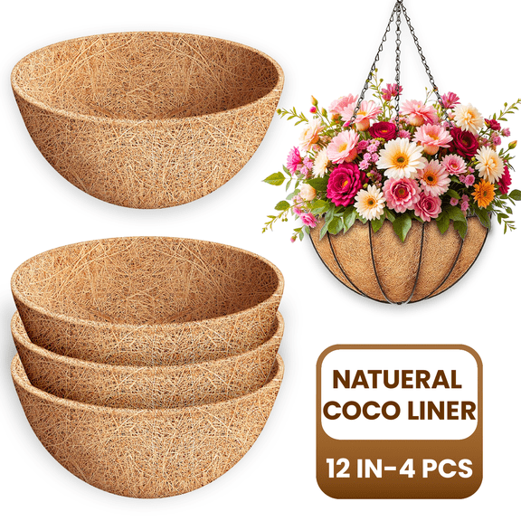 Diigabo 4 Pack 12 Inch Coco Liners for Planters, 100% Natural Round Coconut Coir Hanging Basket Replacement Liners for Flowers, Vegetables, Garden