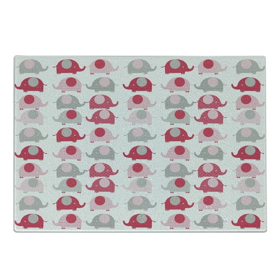 Cartoon Cutting Board, Vibrant Colored Abstract Elephants Polka Dots Chevron Motifs, Decorative Tempered Glass Cutting and Serving Board, Small Size, Dark Coral Pale Pink, by Ambesonne
