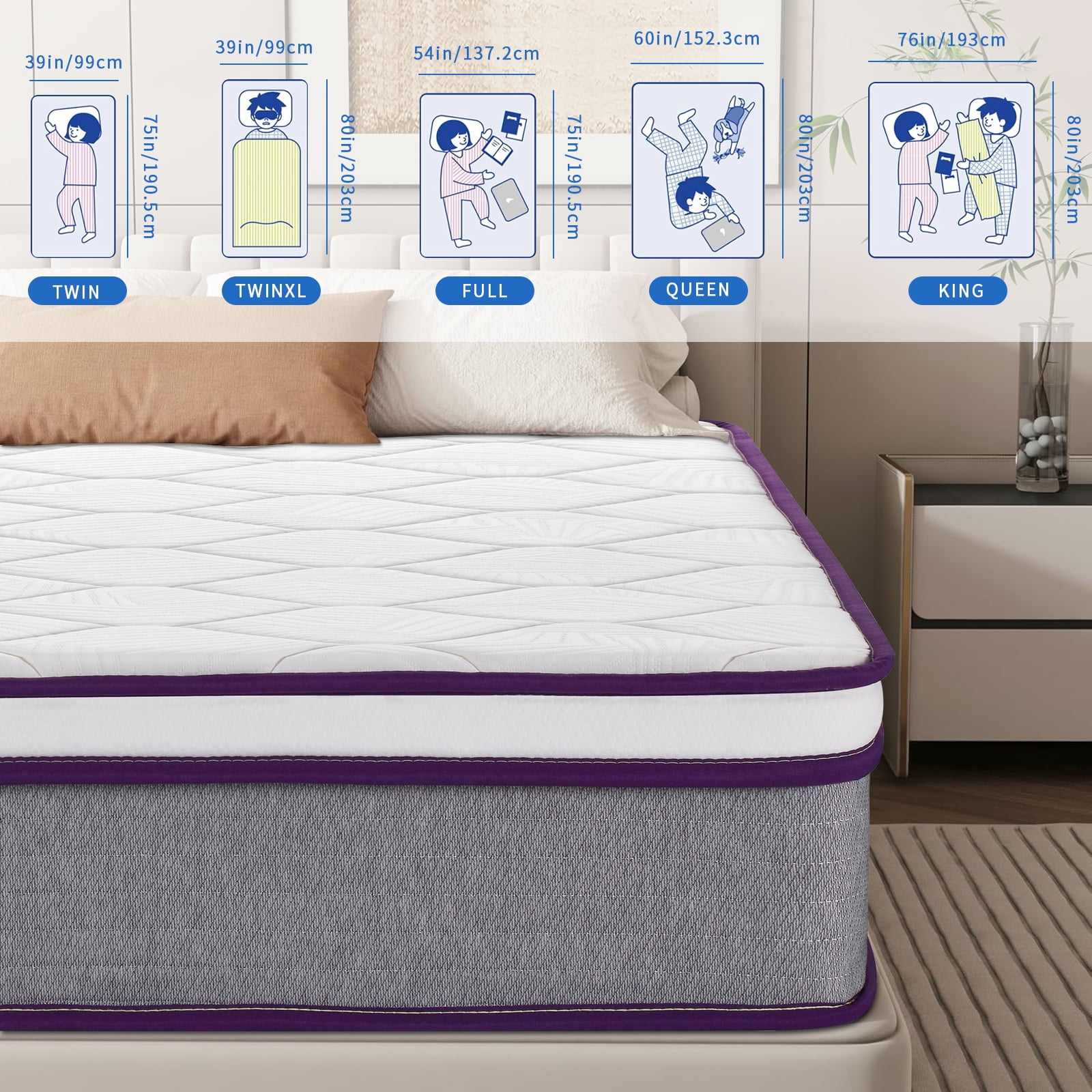 BMMB 12 Inch Queen Size Premium Memory Foam High Quality Pocket Coils Mattress Medium Firm High Breathable Zero Pressure Cooling Night Sleep