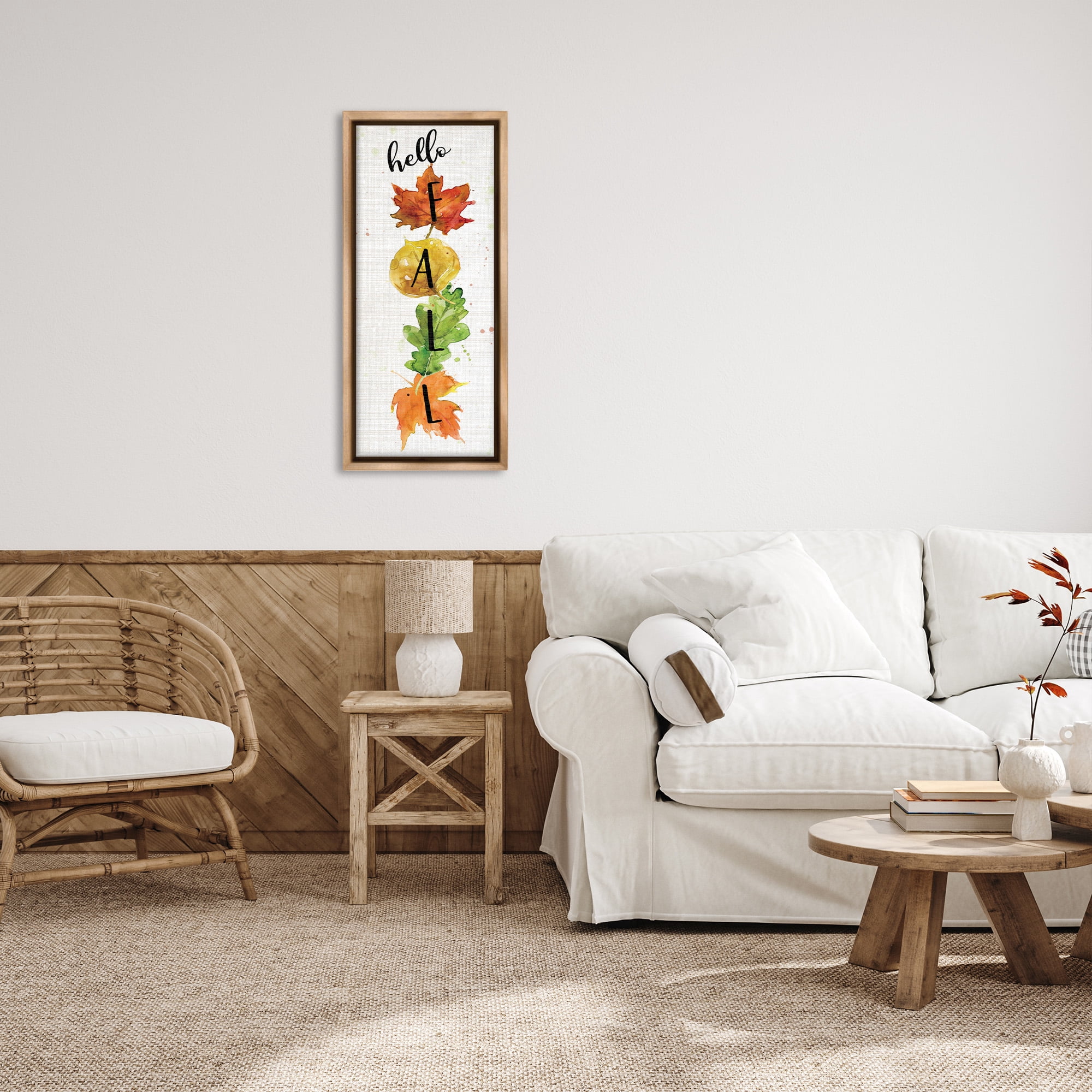 Stupell Industries Hello Fall Autumn Greeting Botanical & Floral Painting Brown Floater Framed Canvas Art Print Wall Art, 15 x 31