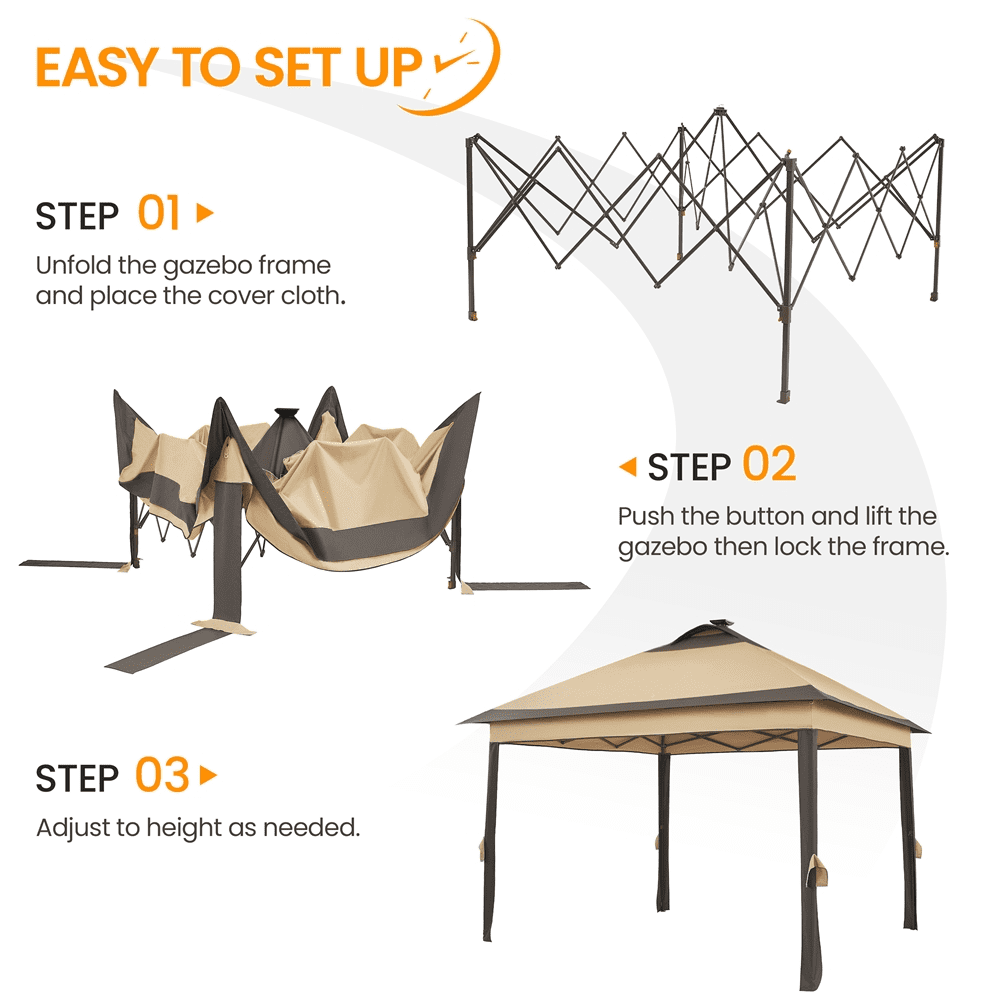 Topeakmart 11x11ft Pop-up Gazebo with 4 Mesh Walls, Solar LED Lights for Outdoor, Khaki/Brown