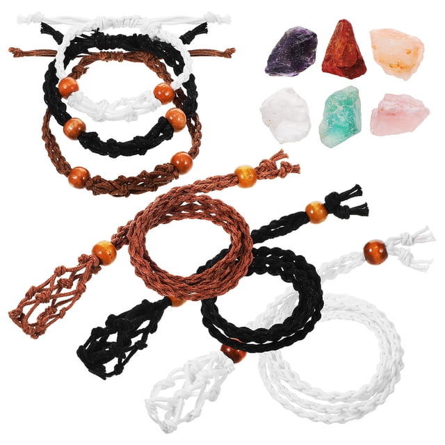 Assorted Color Stone Holder Necklace Bracelet Set - Woven & Braided Jewelry Making Supplies, Natural Stones, Wax Rope, Wooden Beads, 17.71 Inches, 6pcs For Decor, Gift, Diy