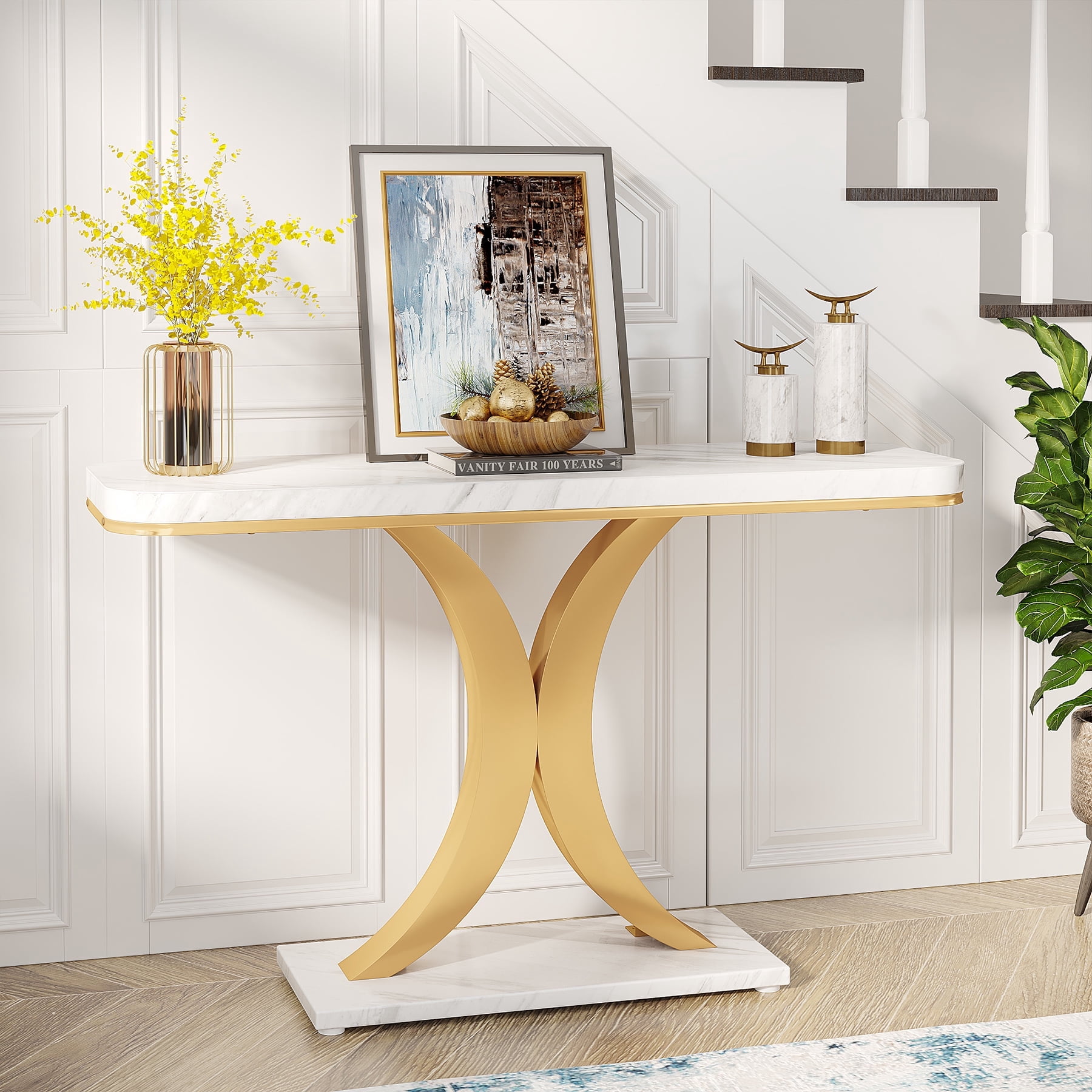 Tribesigns Modern Narrow Entryway Console Table, 40 inch Small Entryway Table with Geometric Metal Base for Living Room, Hallway and Foyer,White & Gold