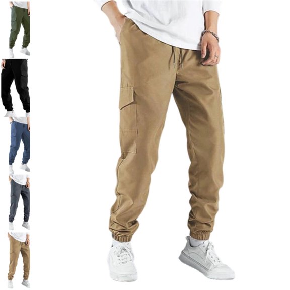 Mens Cargo Pants Casual Lightweight Elastic Waist Joggers Drawstring Baggy Comfy Workout Hiking Pants Multi Pockets Khaki 2XL