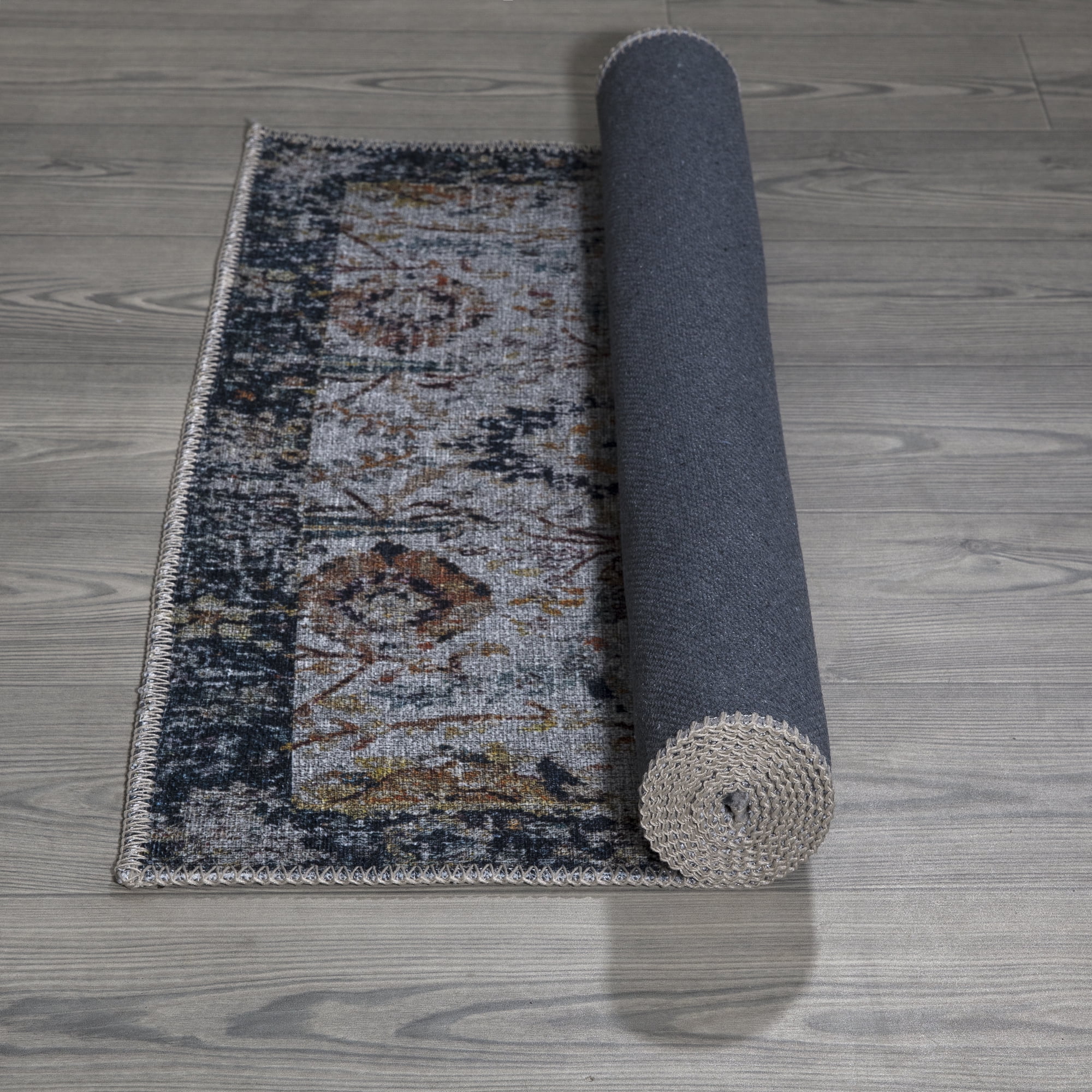 Ottomanson Machine Washable Cotton 3x6 Flatweave Runner Rug for Bedroom, 2'7" x 6', Gray/Blue Floral